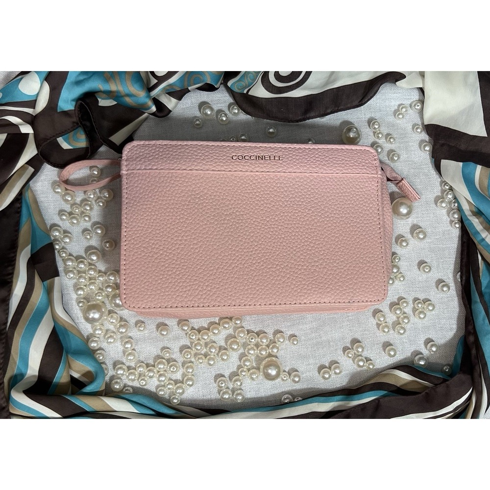 Pink COCCINELLE Large Zip Coin Bag Grained Leather Wristlet Wallet Free Gift
